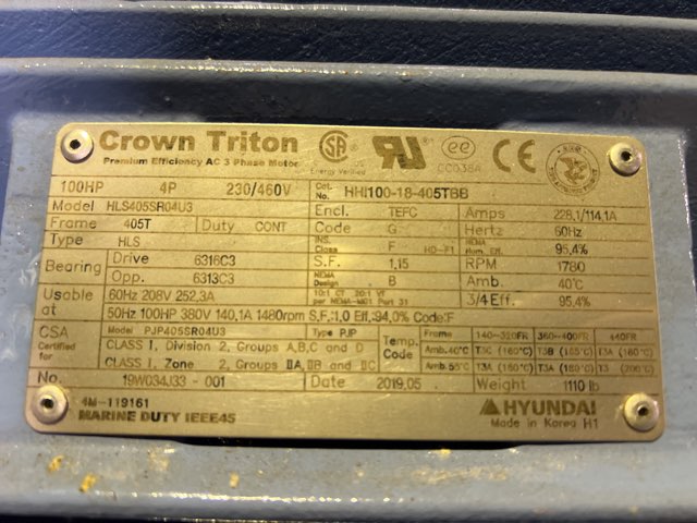 Hyundai 100 HP 1800 RPM 405T Squirrel Cage Motors 87927
