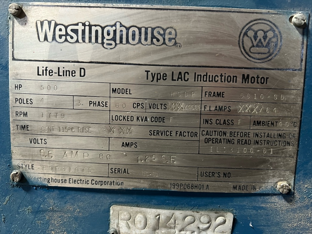 Westinghouse 500 HP 1800 RPM 5010SD Squirrel Cage Motors 88031