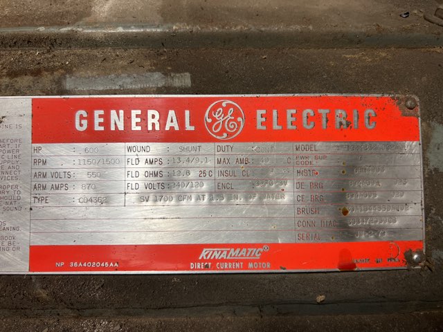 General Electric 600 HP 1150/1500 RPM 4362 DC Motors 88050