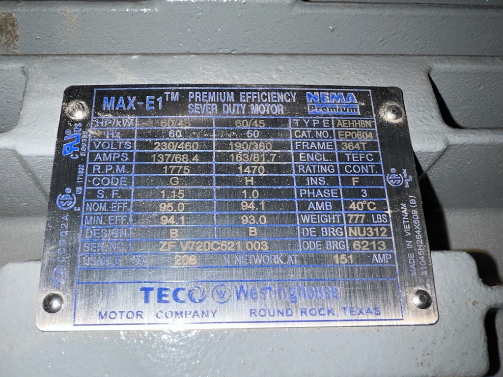 Teco Westinghouse 60 HP 1800 RPM 364T Squirrel Cage Motors 88057