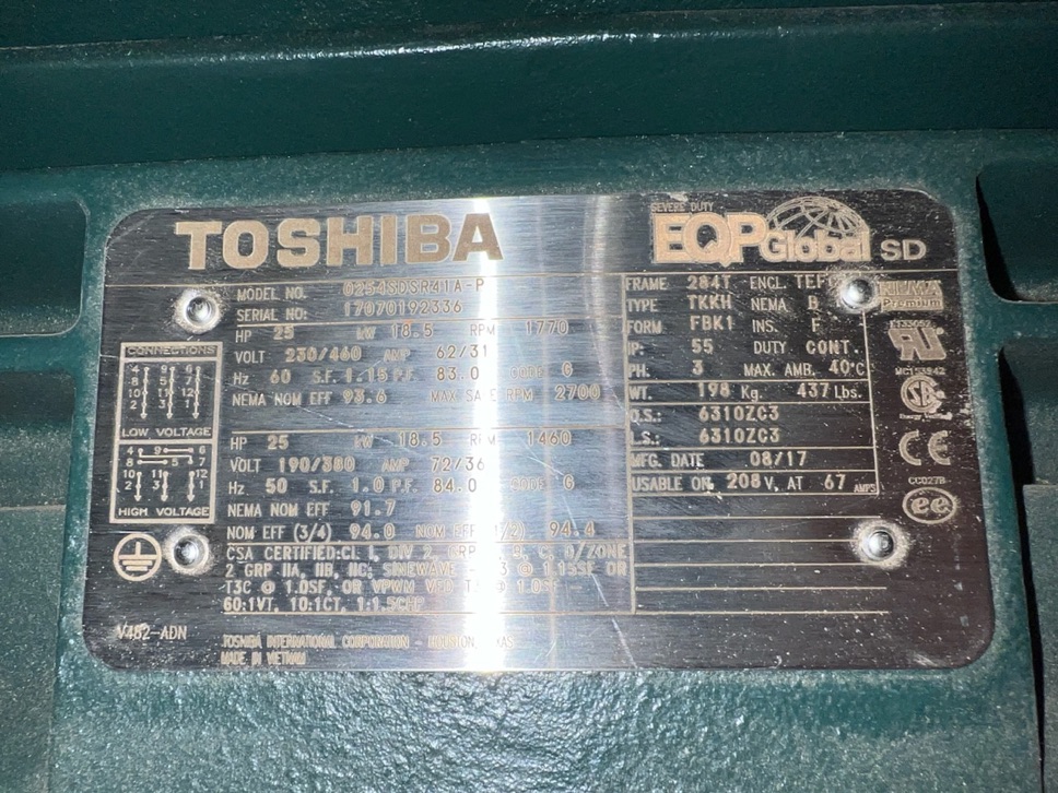Toshiba 25 HP 1800 RPM 284T Squirrel Cage Motors 88058