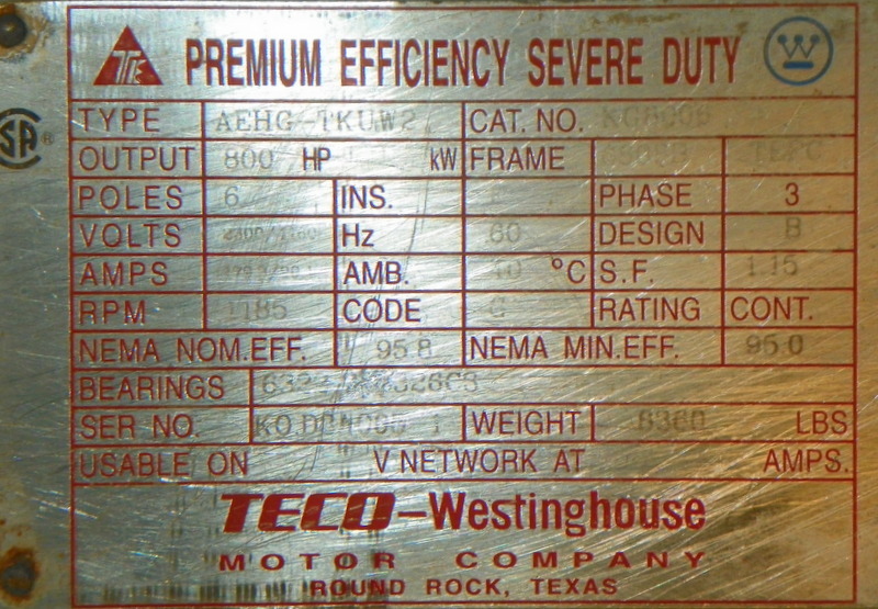 Teco Westinghouse 800 HP 1200 RPM 6808B Squirrel Cage Motors 88089