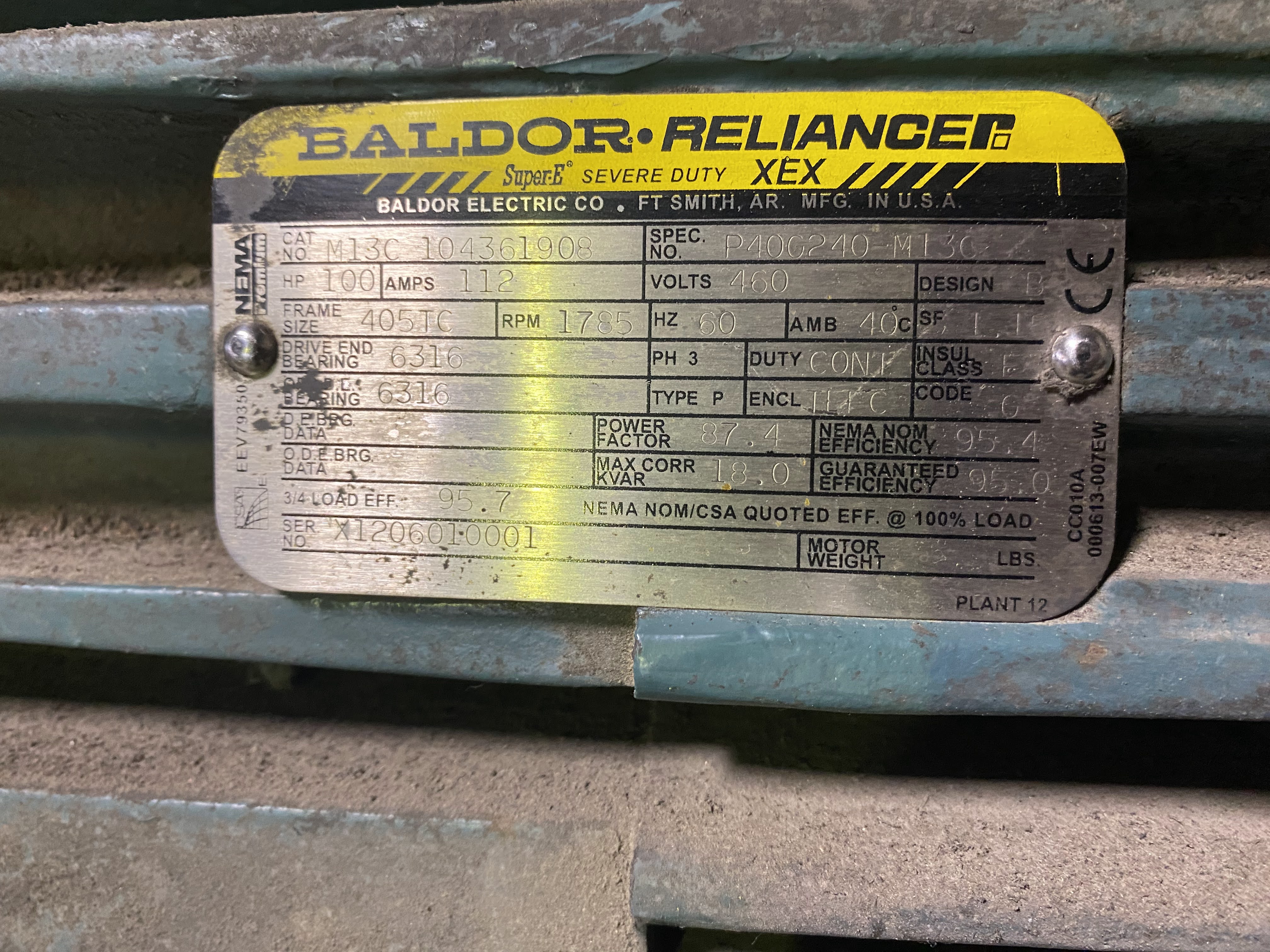 Baldor-Reliance 100 HP 1800 RPM 405TC Squirrel Cage Motors 88179