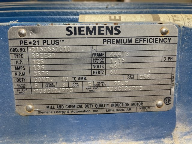 Siemens 125 HP 3600 RPM 444TS Squirrel Cage Motors 88193