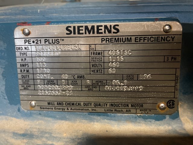 Siemens 100 HP 1800 RPM 405TSC Squirrel Cage Motors 88197