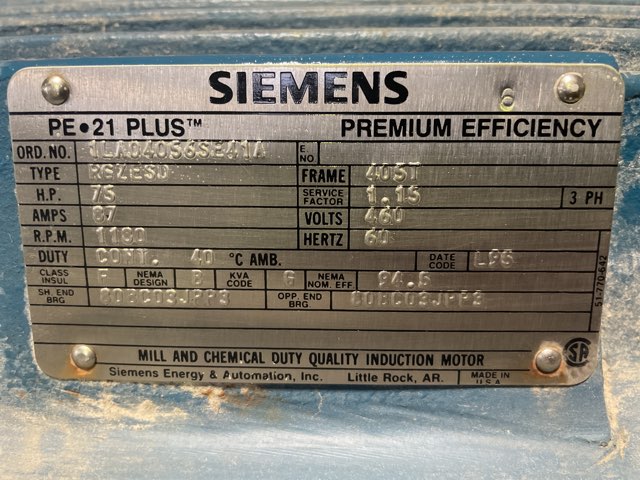 Siemens 75 HP 1200 RPM 405T Squirrel Cage Motors 88198
