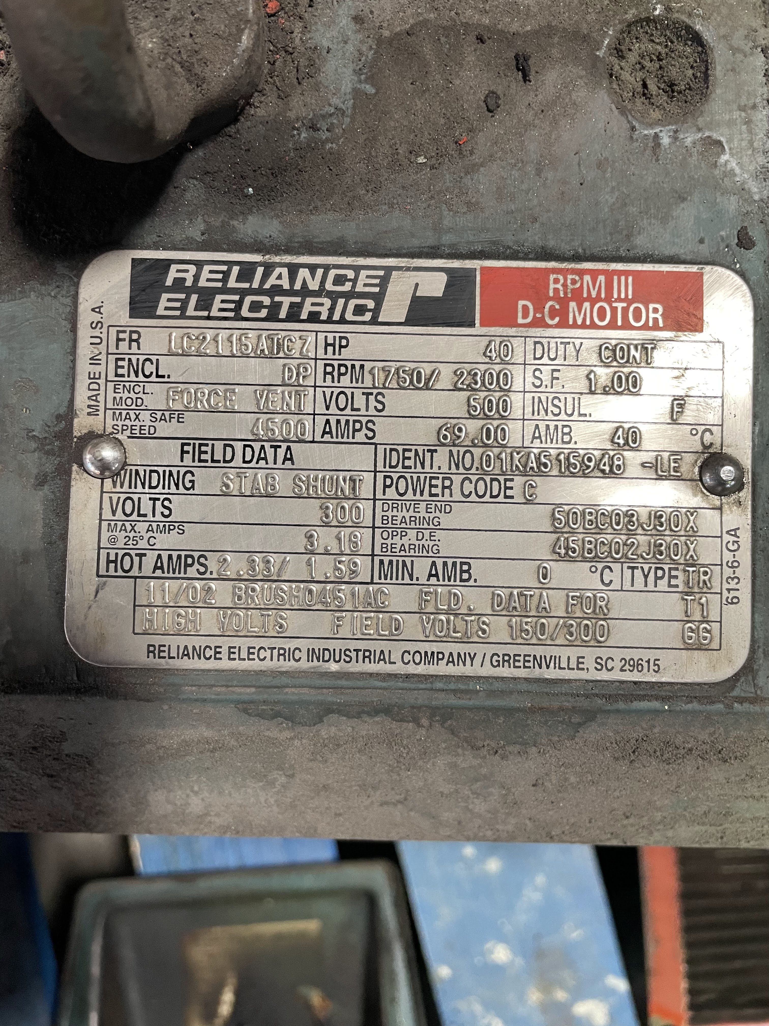Reliance 40 HP 1750/2300 RPM LC2115ATCZ DC Motors 88213