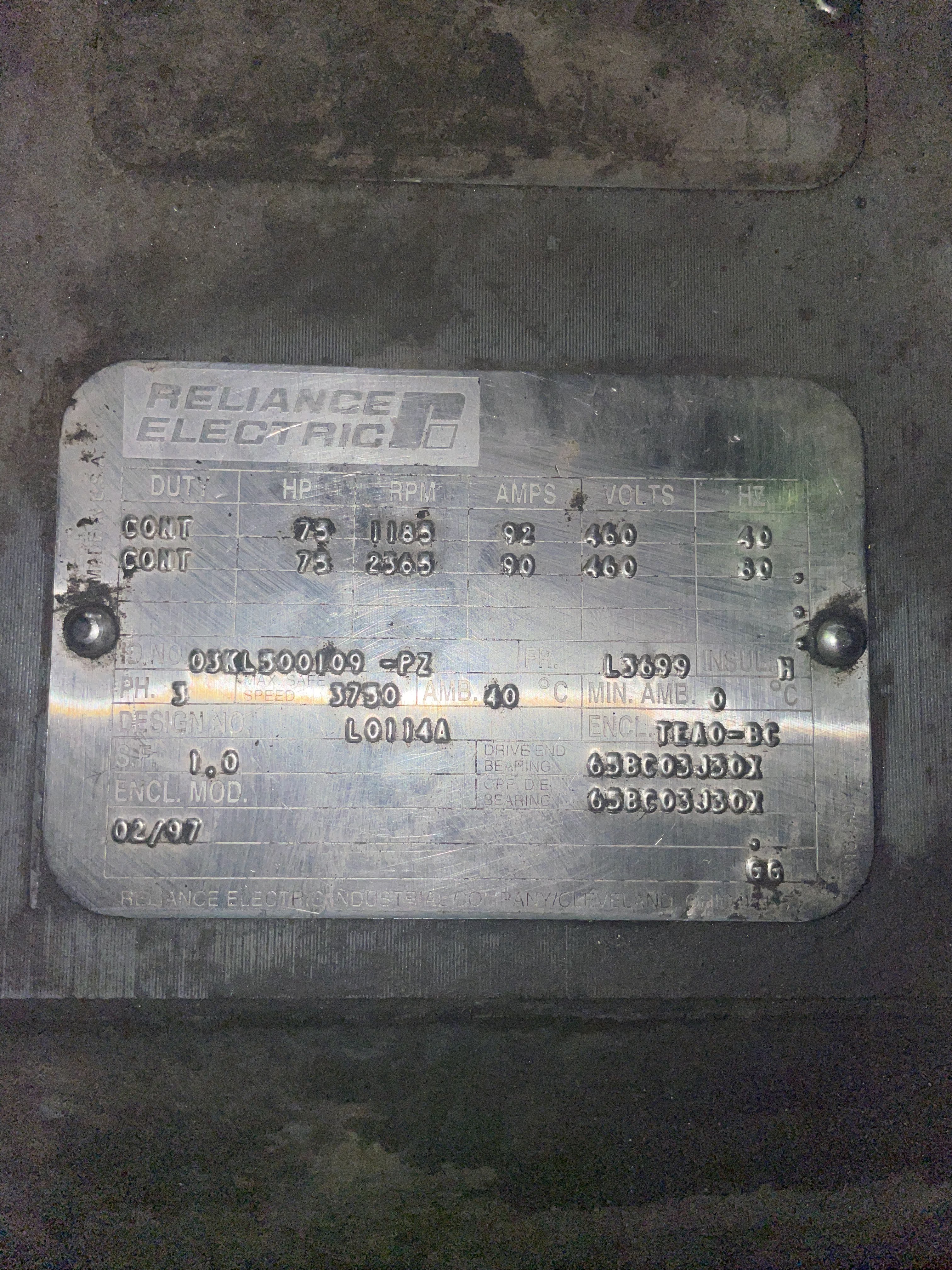 Reliance 75 HP 1800 RPM L3699 Squirrel Cage Motors 88230