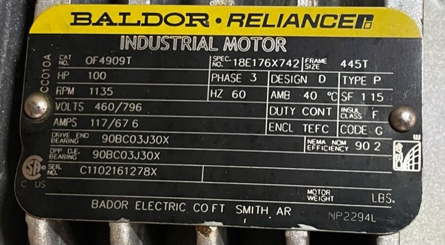Baldor-Reliance 100 HP 1135 RPM 445T Design D Motors 88309