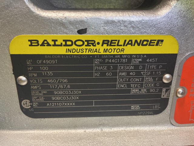 Baldor-Reliance 100 HP 1135 RPM 445T Design D Motors 88310