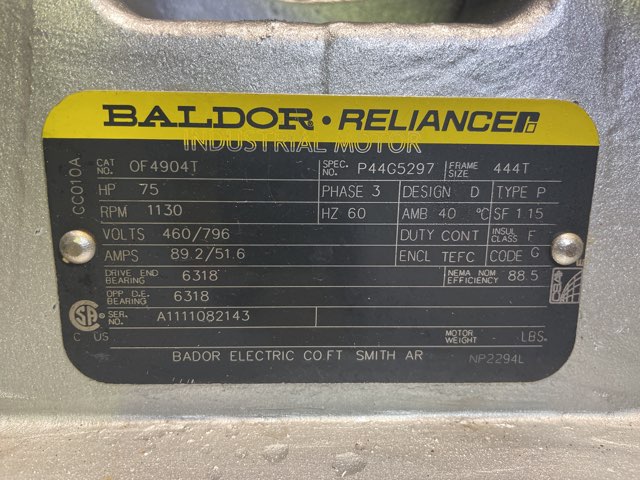 Baldor-Reliance 75 HP 1130 RPM 444T Design D Motors 88315