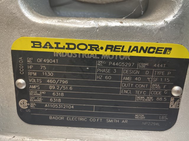 Baldor-Reliance 75 HP 1130 RPM 444T Design D Motors 88316