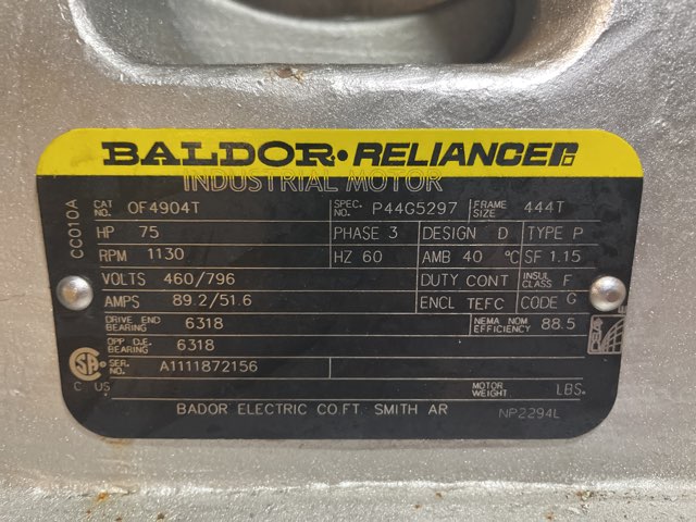 Baldor-Reliance 75 HP 1130 RPM 444T Design D Motors 88317