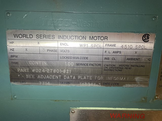 Teco Westinghouse 1250 HP 3600 RPM 4510 SPCL Squirrel Cage Motors 88404