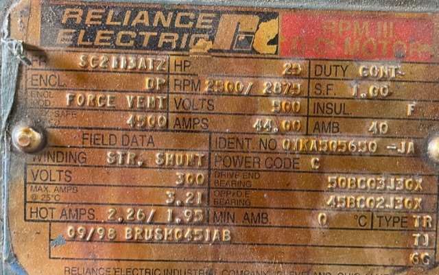 Reliance 25 HP 2500/2875 RPM SC2113ATZ DC Motors 88443