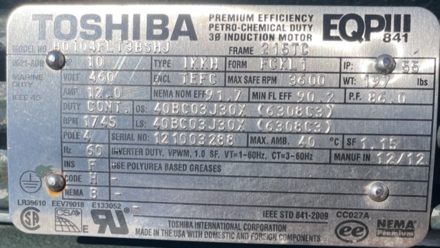 Toshiba 10 HP 1800 RPM 215TC Squirrel Cage Motors 88611