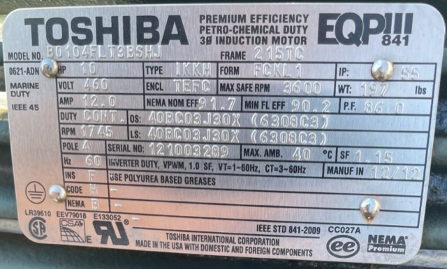 Toshiba 10 HP 1800 RPM 215TC Squirrel Cage Motors 88612
