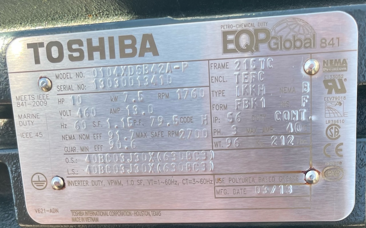 Toshiba 10 HP 1800 RPM 215TC Squirrel Cage Motors 88613