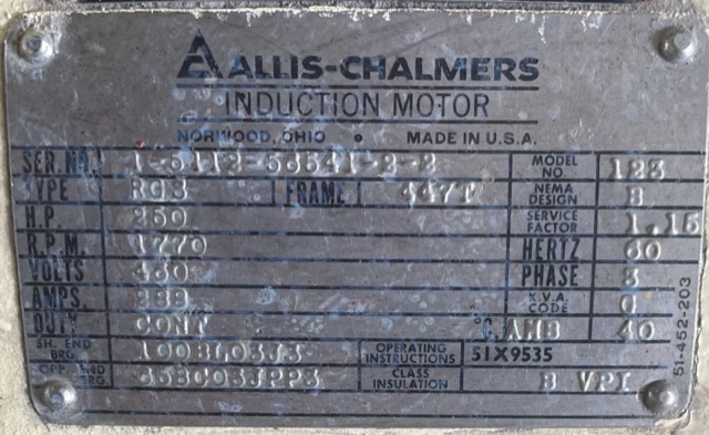 Allis-Chalmers 250 HP 1800 RPM 447T Squirrel Cage Motors 88651