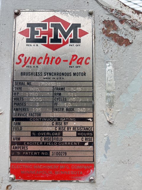 Electric Machinery 1750 HP 514 RPM B-52 Synchronous Motors 88710