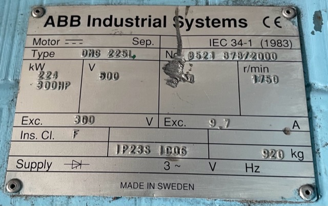 ABB 300 HP 1750 RPM 225L DC Motors 88733