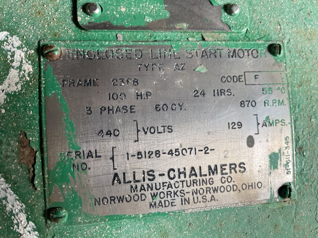 Allis-Chalmers 100 HP 900 RPM 23F8 Squirrel Cage Motors 88740