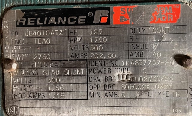 Reliance 125 HP 1750 RPM UB4010ATZ DC Motors 88760
