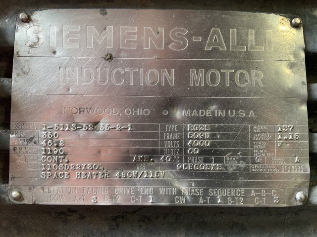 Siemens-Allis 350 HP 1200 RPM 509U Squirrel Cage Motors 88763