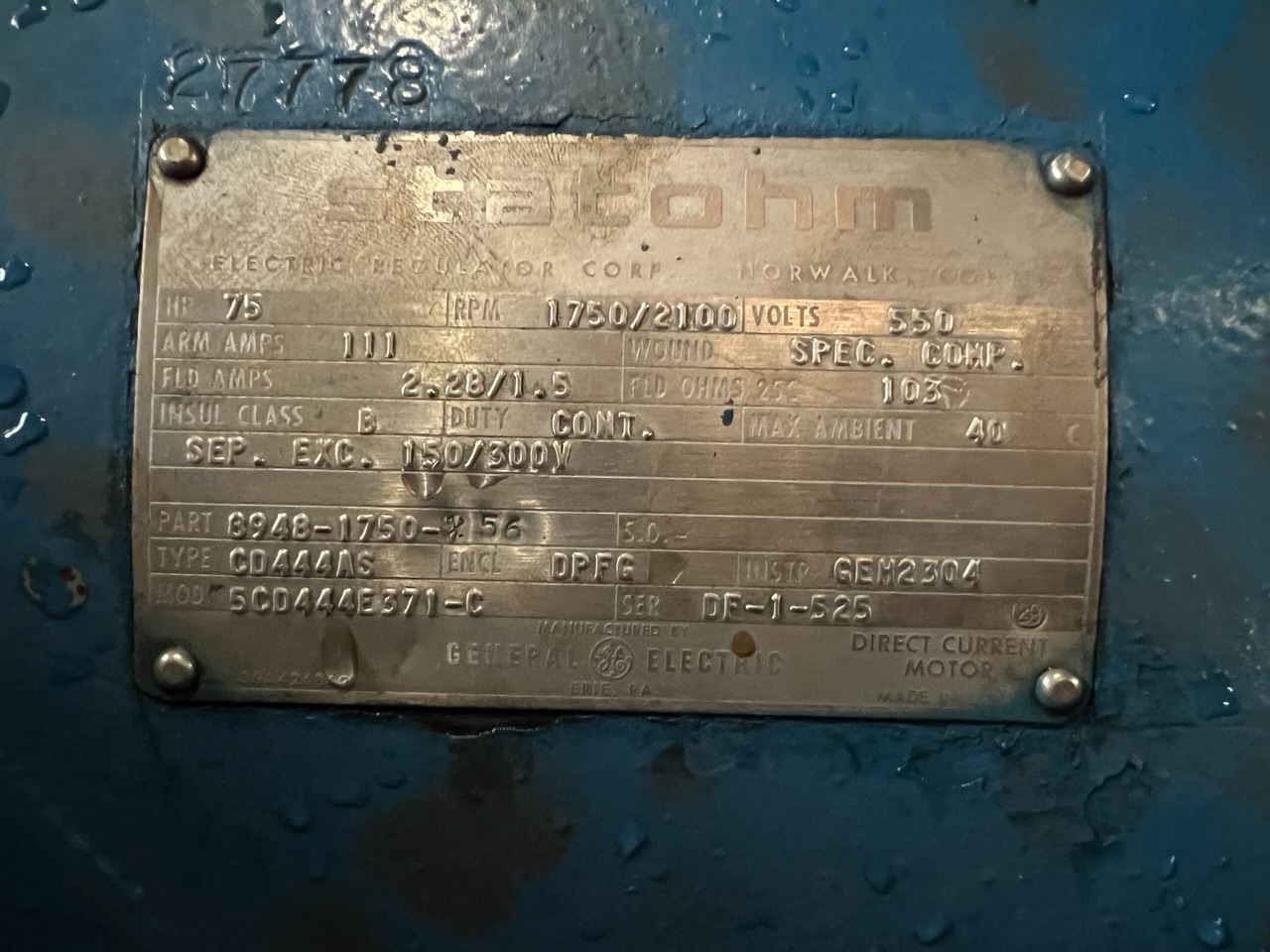 General Electric 75 HP 1750 RPM 444AS DC Motors 88776