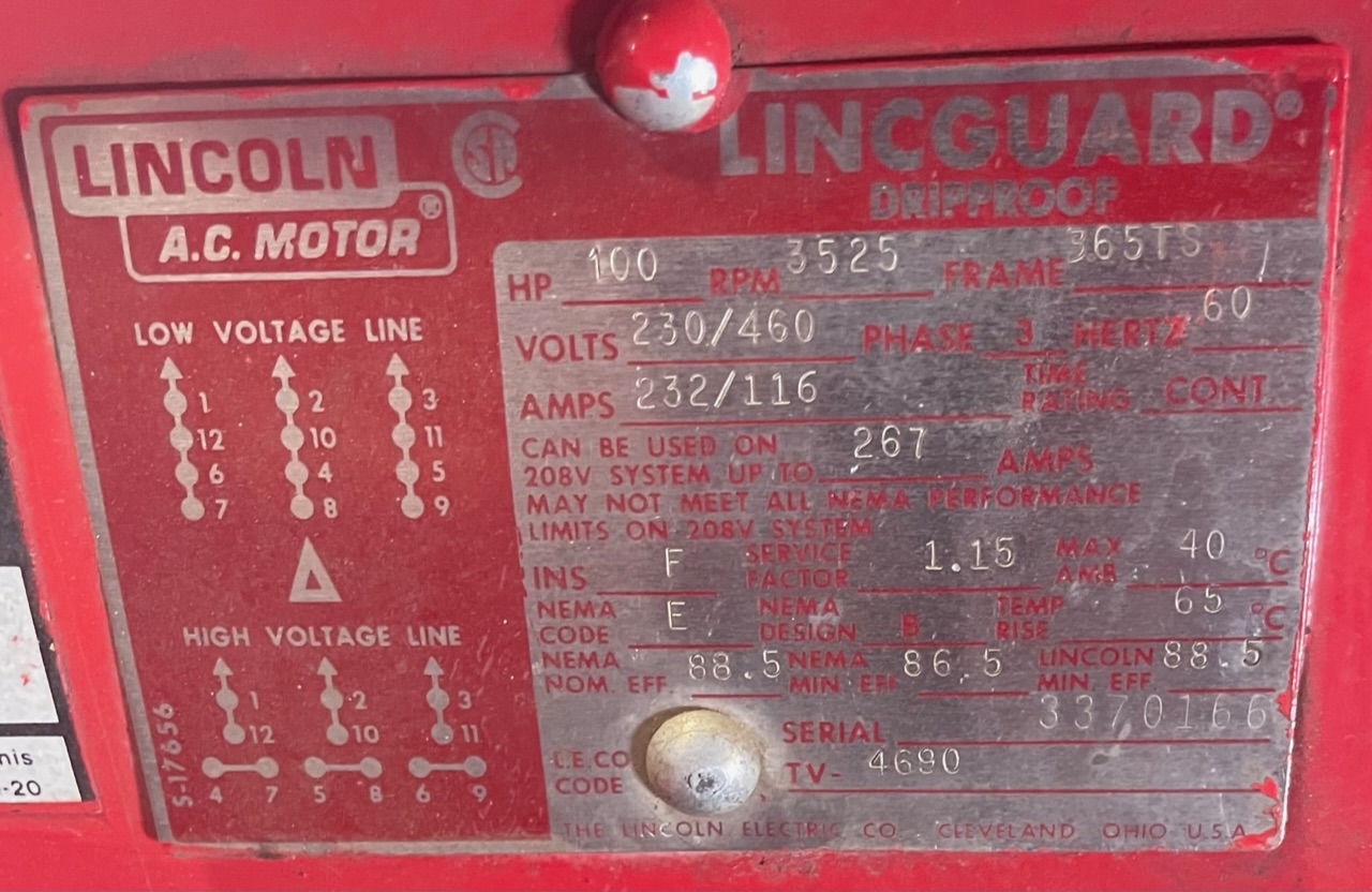 Lincoln 100 HP 3600 RPM 365TS Squirrel Cage Motors 88825