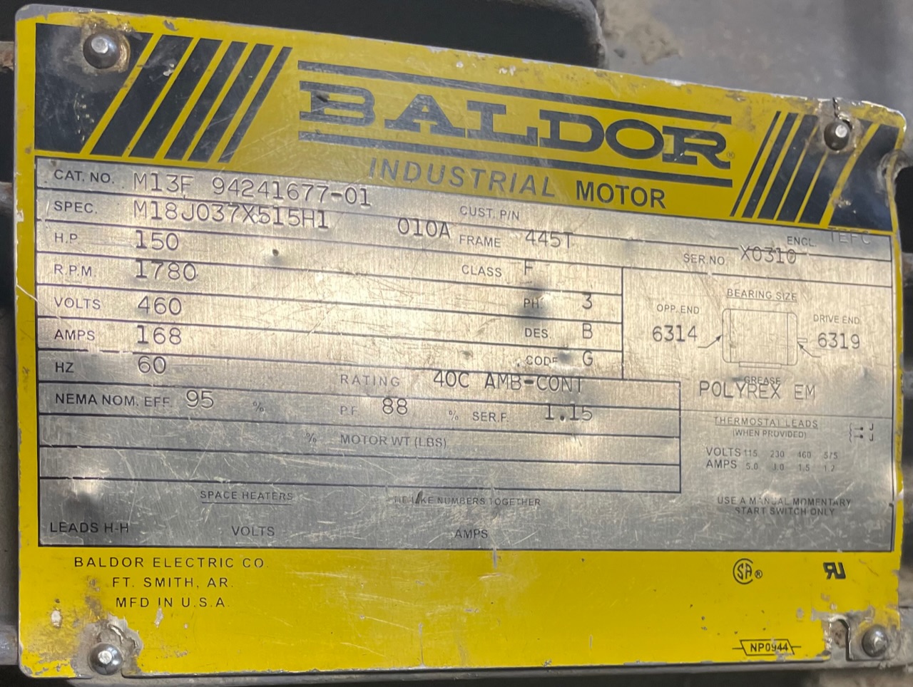 Baldor 150 HP 1800 RPM 445TC Squirrel Cage Motors 88841