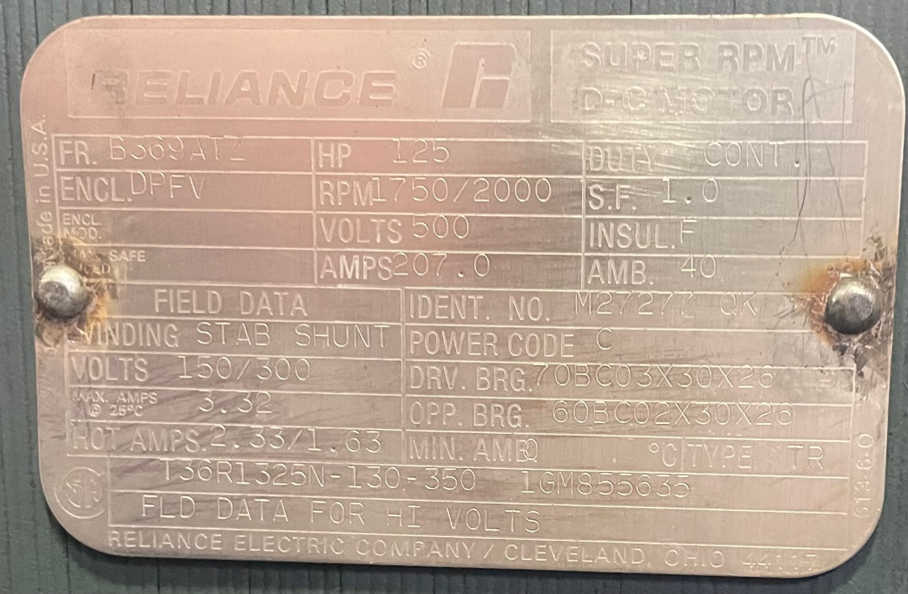 Reliance 125 HP 1750/2000 RPM B369AT DC Motors 88845