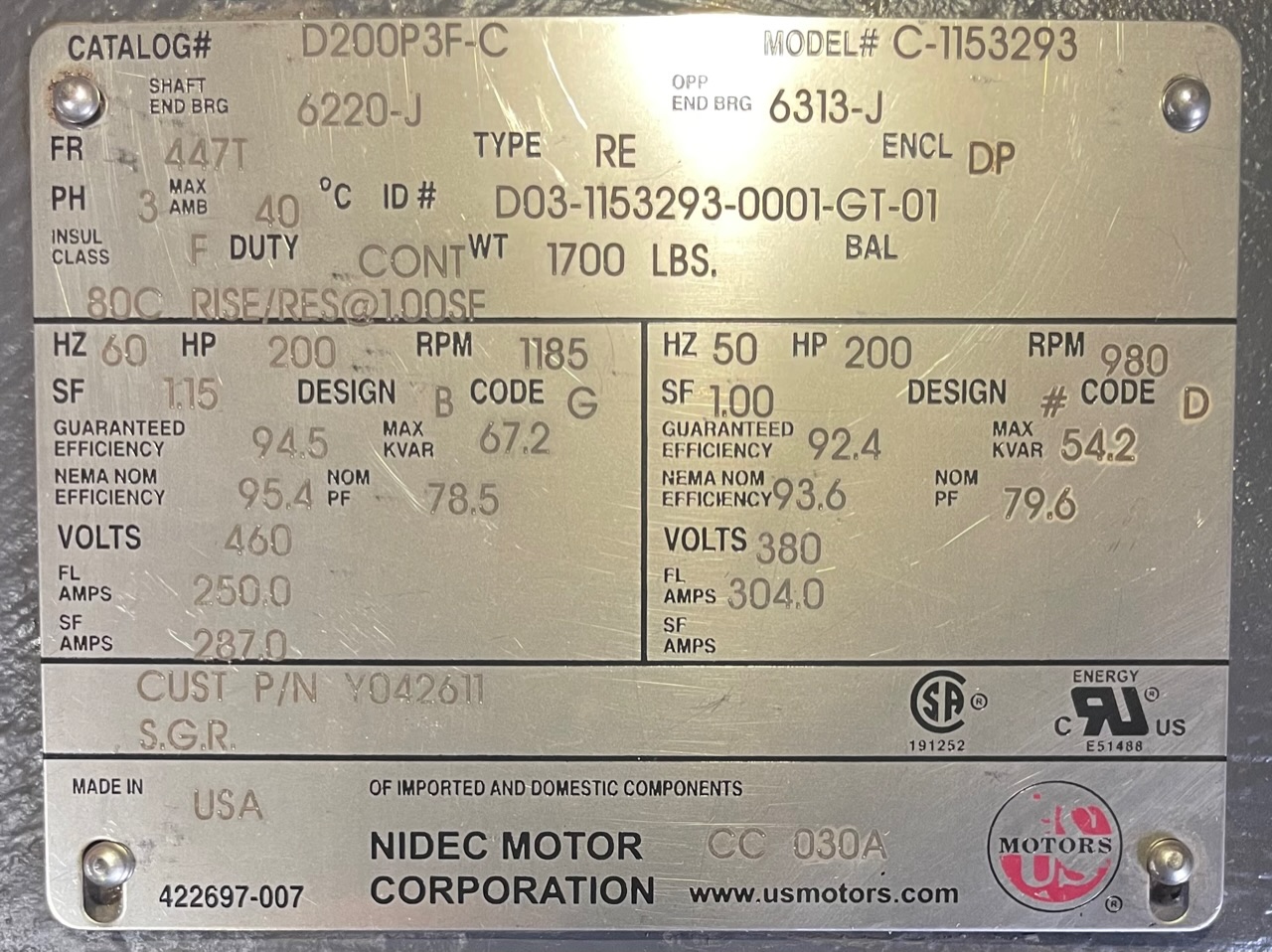 US Electric 200 HP 1200 RPM 447T Squirrel Cage Motors 88887