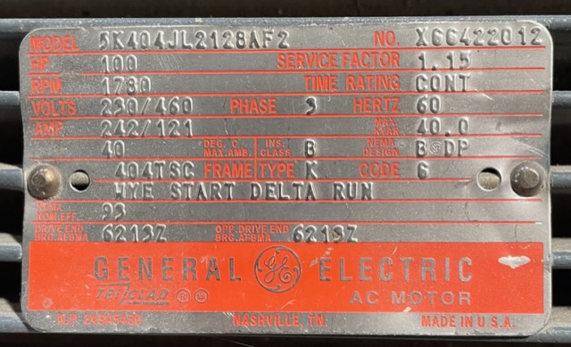 General Electric 100 HP 1800 RPM 404TSC Squirrel Cage Motors 88953