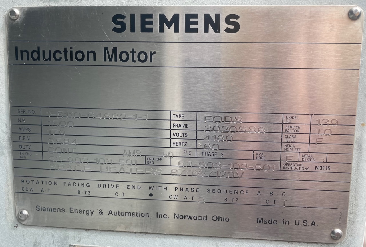 Siemens 1500 HP 3600 RPM 3020SS6 Squirrel Cage Motors 88963