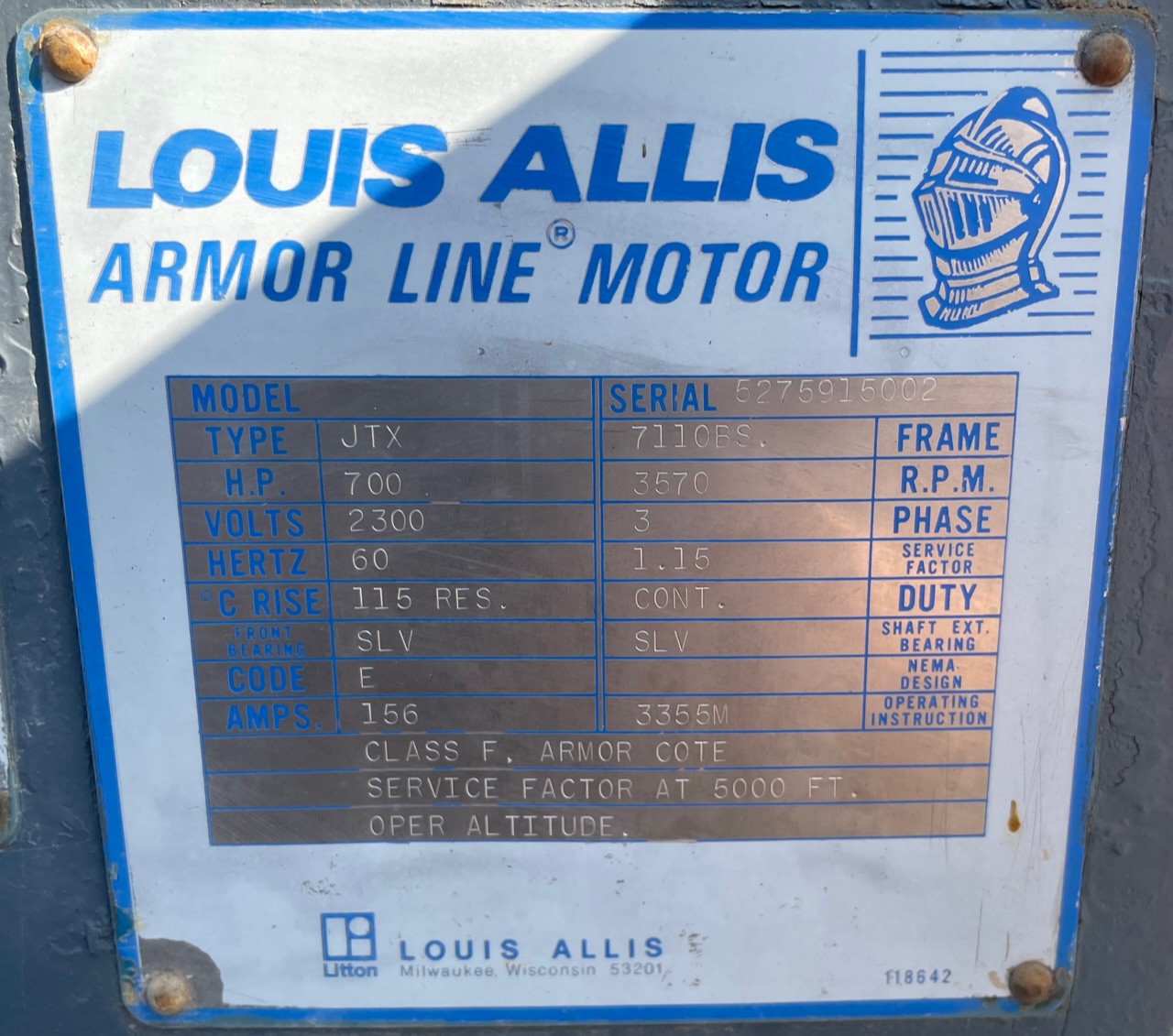 Louis-Allis 700 HP 3600 RPM 7110BS Squirrel Cage Motors 88970