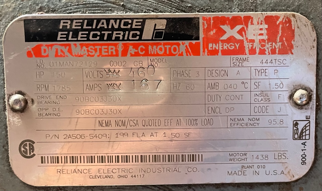 Reliance 150 HP 1800 RPM 444TSCZ Squirrel Cage Motors 88993