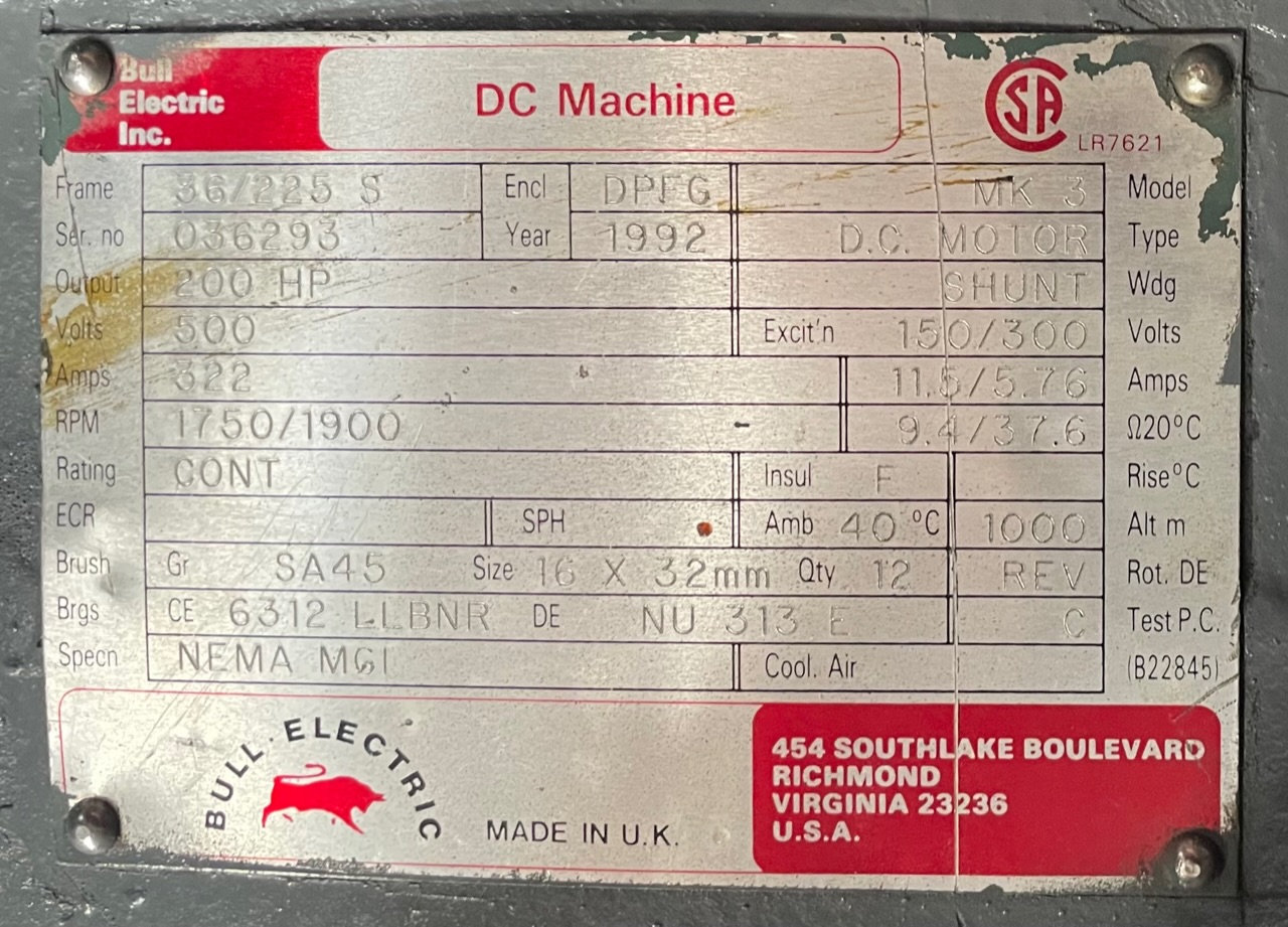 Bull 200 HP 1750/1900 RPM 36/225S DC Motors 88996