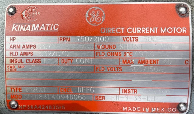 General Electric 50 HP 1750/2100 RPM 328AT DC Motors 88999
