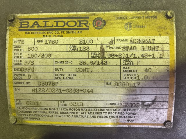 Baldor 75 HP 1750/2100 RPM 366AT DC Motors 89247