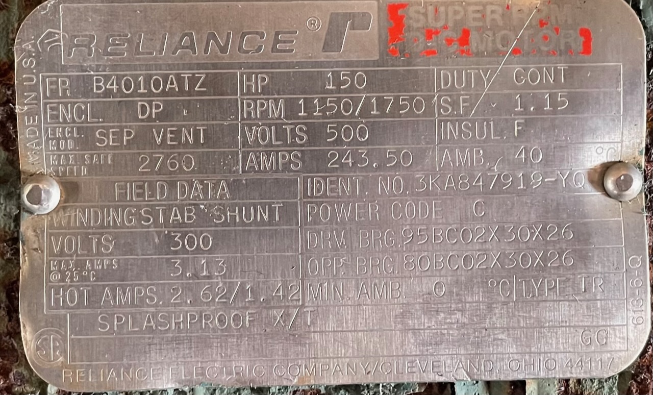 Reliance 150 HP 1150/1750 RPM B4010ATZ DC Motors 89262