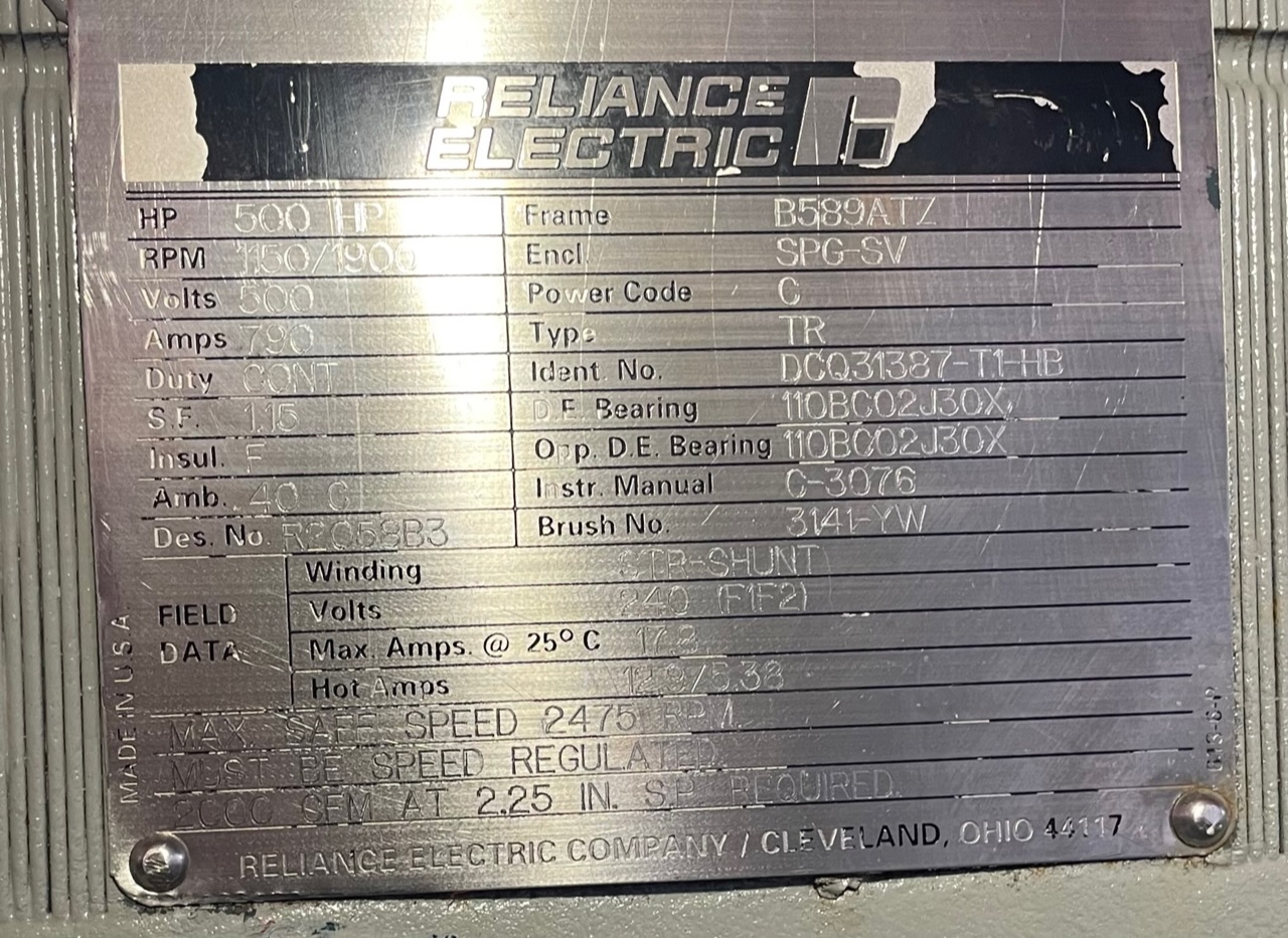 Reliance 500 HP 1150/1900 RPM B589ATZ DC Motors 89265