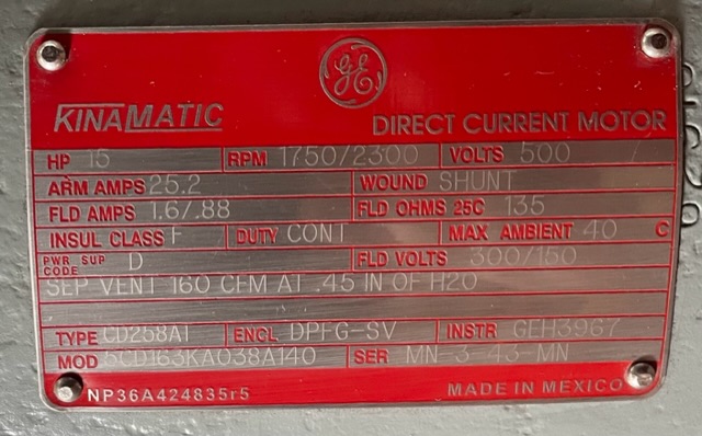 General Electric 15 HP 1750/2300 RPM 258AT DC Motors 89309