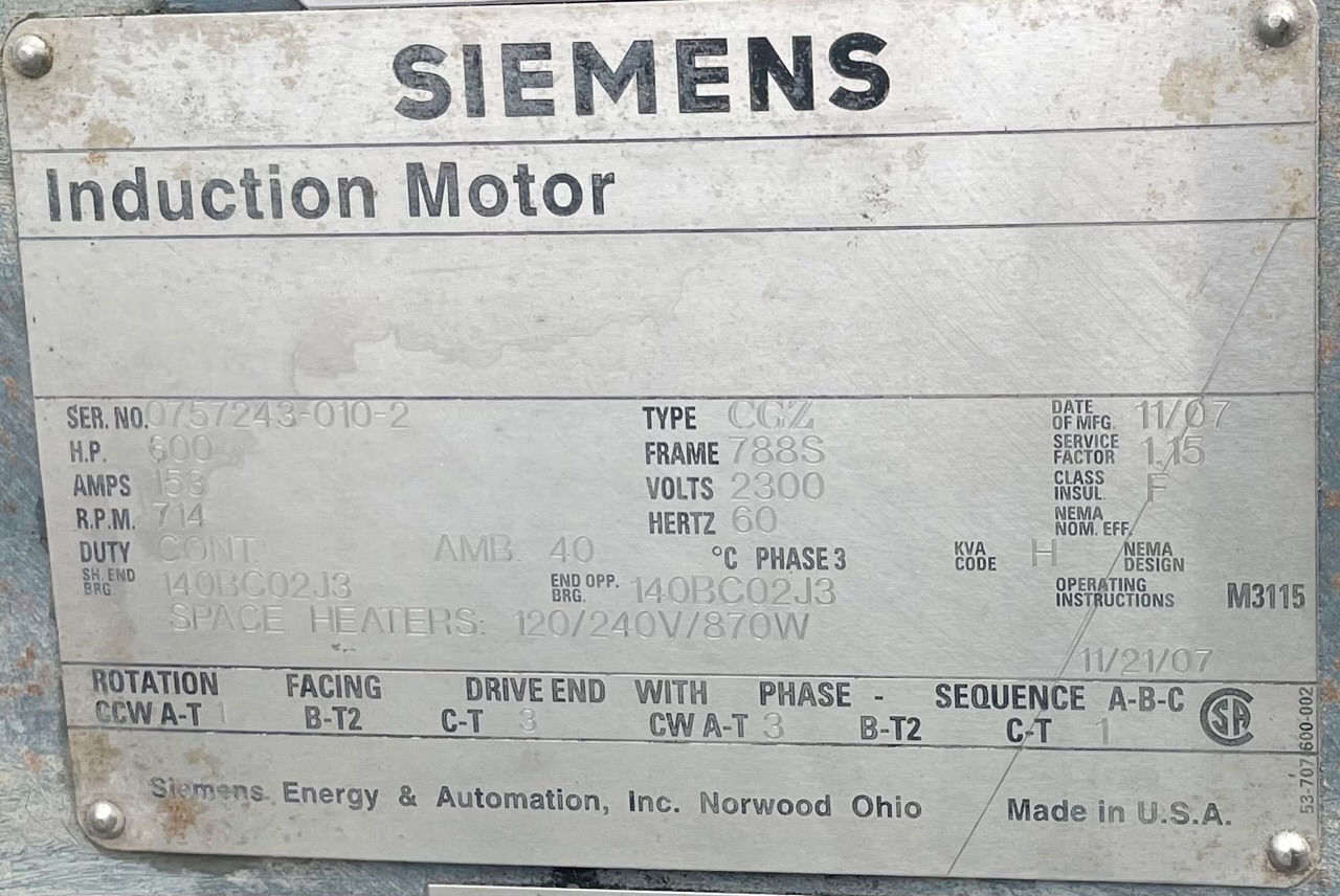 Siemens 600 HP 720 RPM 788S Squirrel Cage Motors 89361