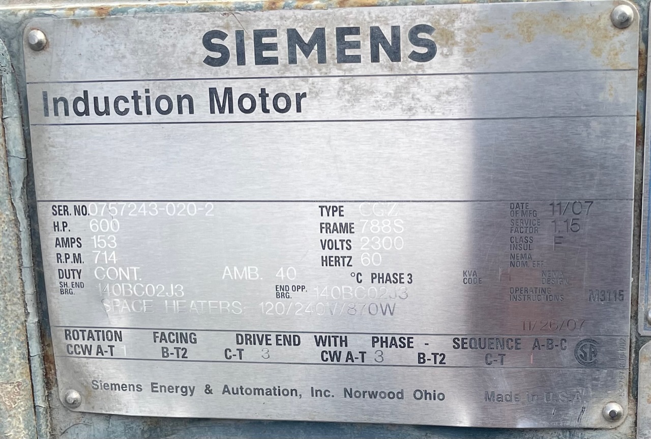 Siemens 600 HP 720 RPM 788S Squirrel Cage Motors 89362