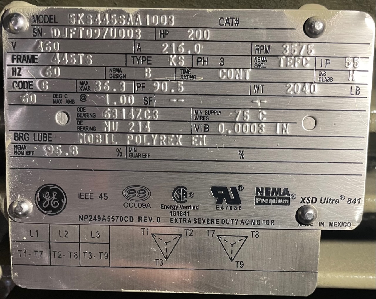 General Electric 200 HP 3600 RPM 445TS Squirrel Cage Motors 89373