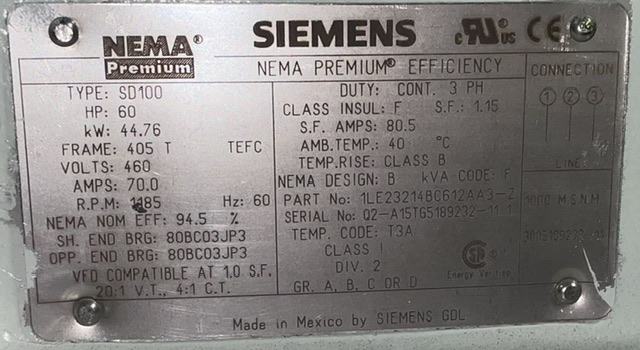 Siemens 60 HP 1200 RPM 405T Squirrel Cage Motors 89437