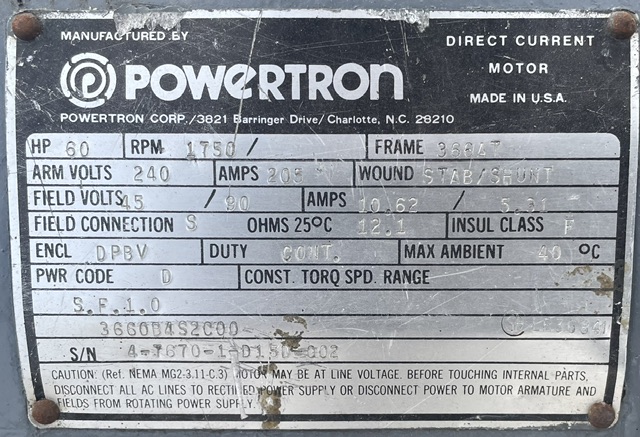 Powertron 60 HP 1750 RPM 366AT DC Motors 89447