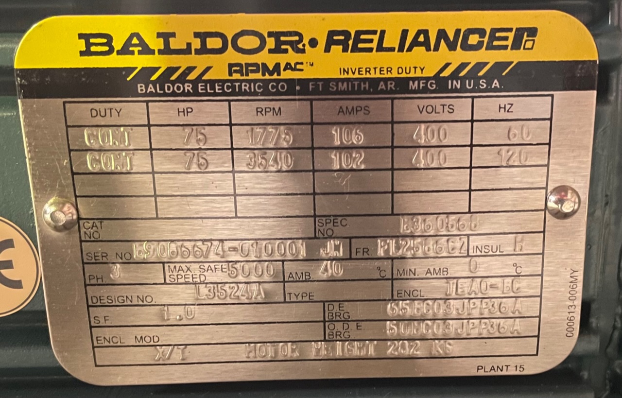 Baldor-Reliance 75 HP 1800 RPM FL2586CZ Squirrel Cage Motors 89449
