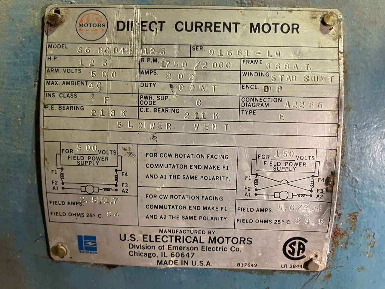 US Electric 125 HP 1750/2000 RPM 368AT DC Motors 89450